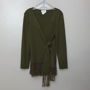 Adrianna Papell Forest Green true wrap Sweater top medium with fringe wool blend